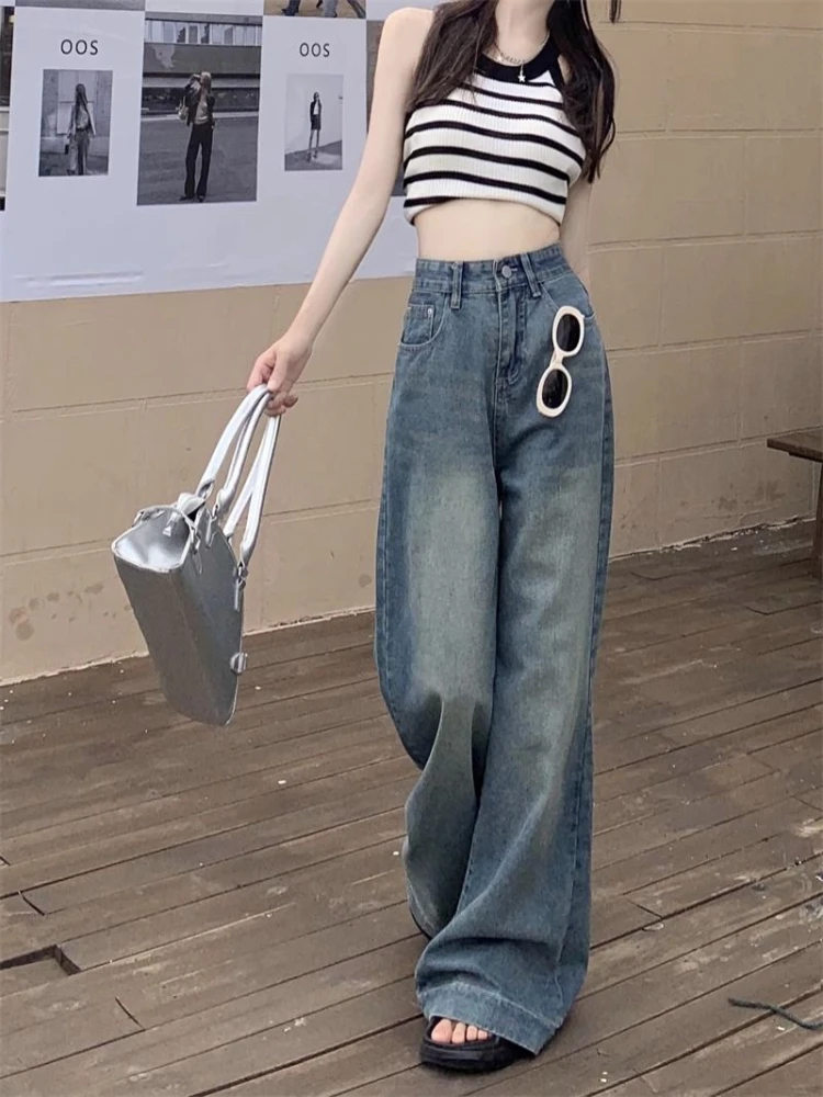 

Vintage Blue Straight Jeans Women High-waisted Loose Wide Leg Pants 2024 Spring New Fashion Korean Y2k Streetwear Long Trousers