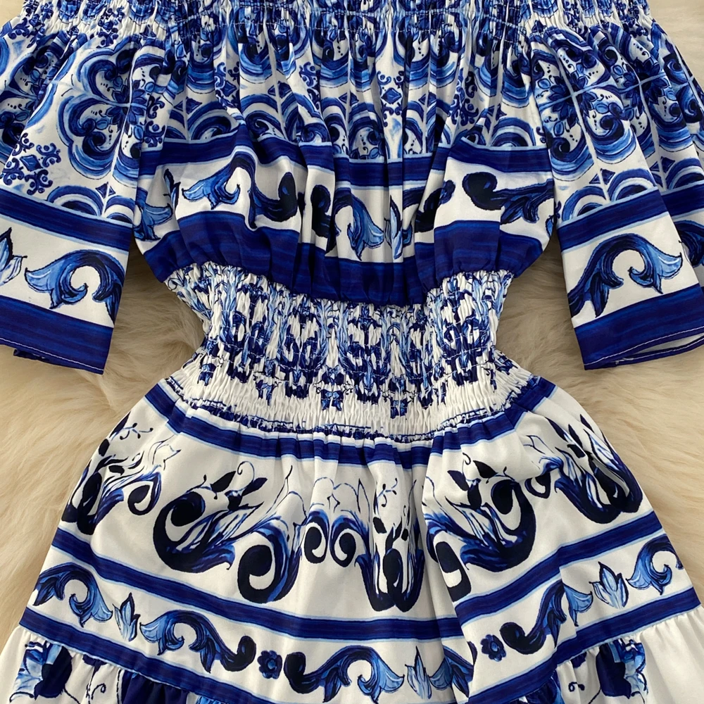 Summer Fashion Runway Midi Dress Women's Cool Shoulder Flare Sleeve Blue and White Porcelain Printing Holiday Beach Vestidos