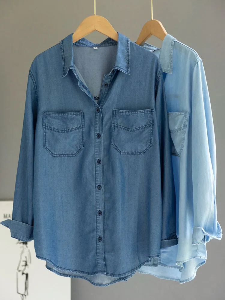 Chemisier en jean à manches longues pour femmes, poches chic coréennes, épissage irrégulier, simple boutonnage, chemise en jean, printemps, nouvelle