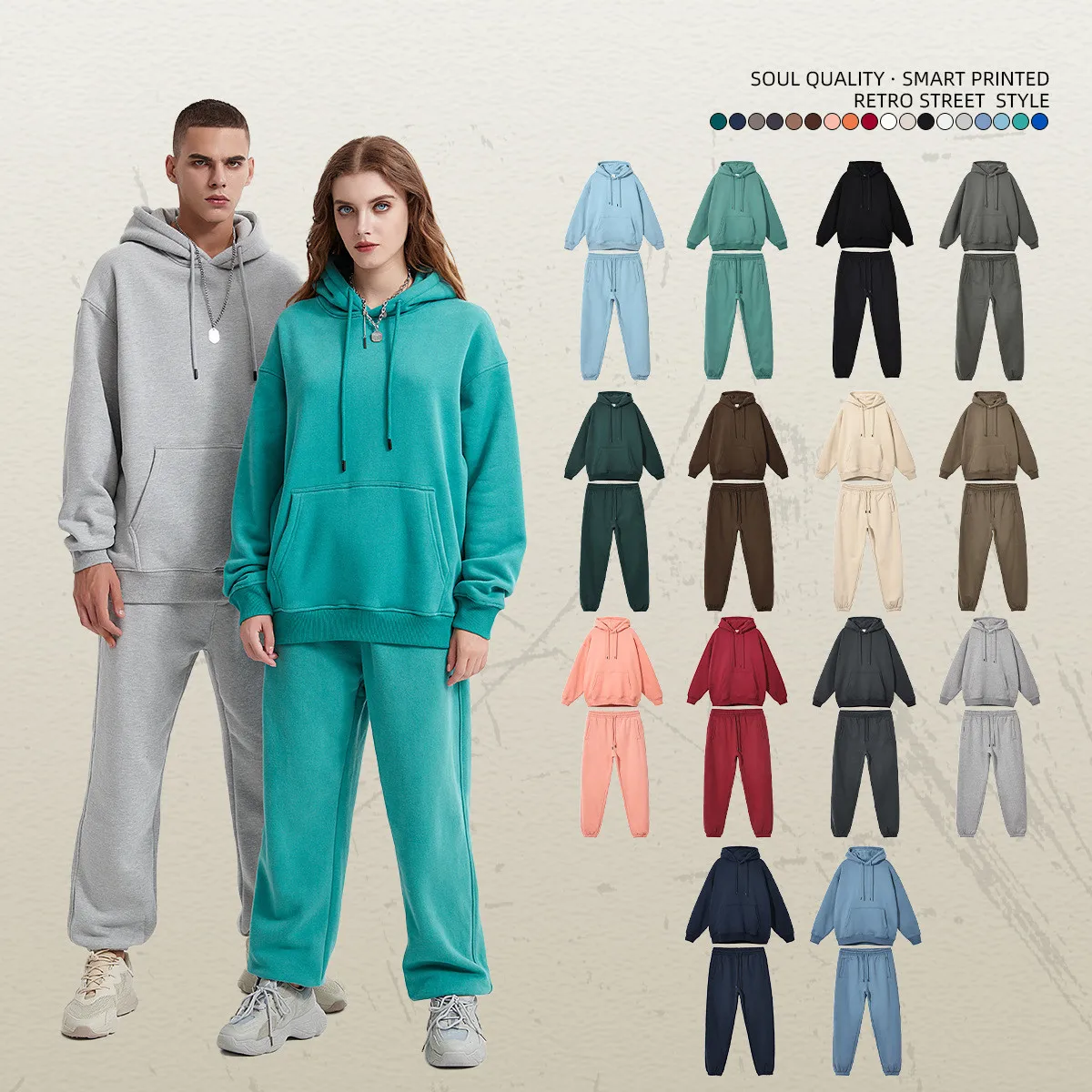 2022 autumn and winter polar fleece solid color hooded sweater 2-piece set loose plus velvet drawstring tide brand sweatpants