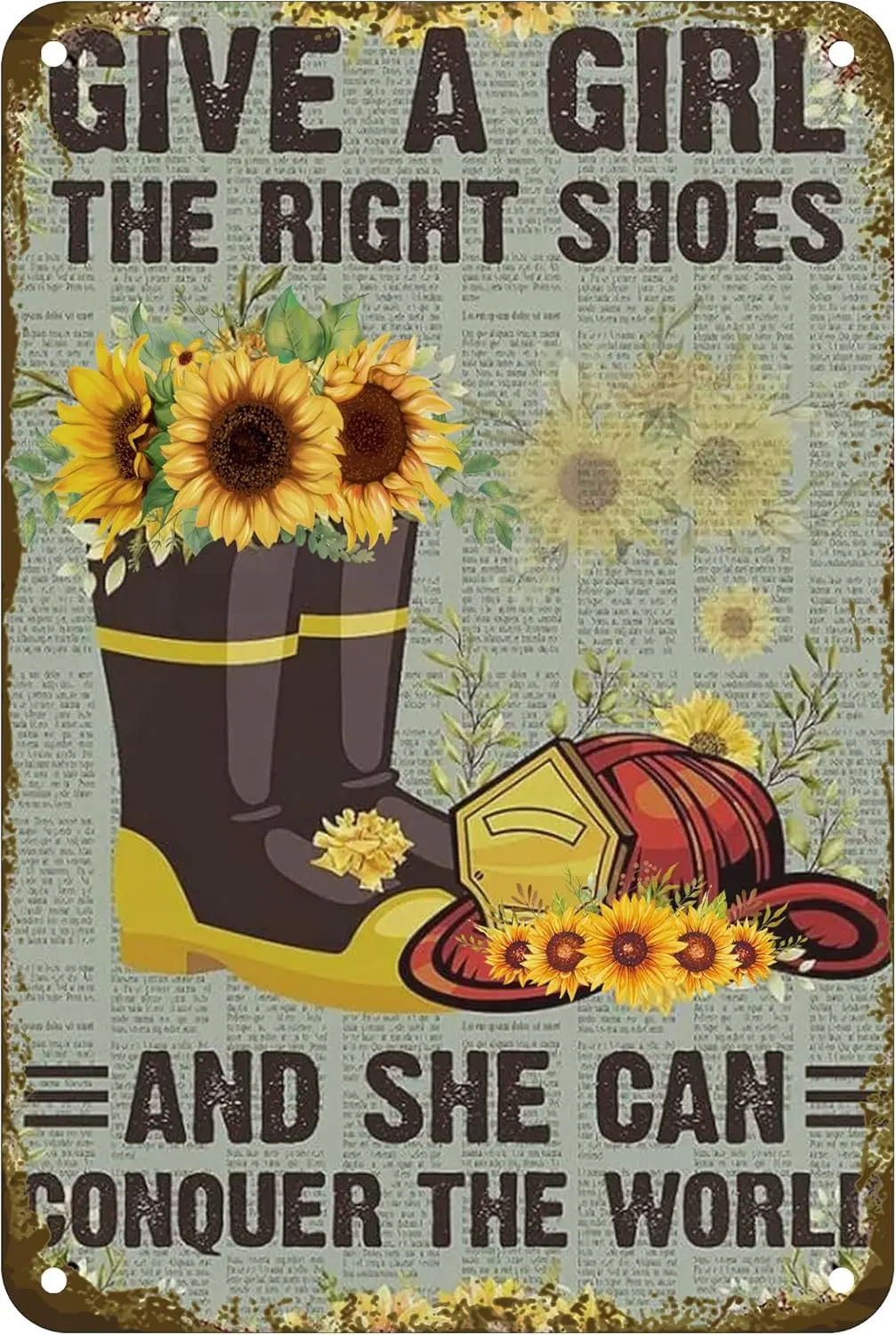 Firefighter Boot Sunflower Firefighter Girl Firefighter Woman Girl Shoes Art Wall Decor For Home Bars Pubs Cafes Retro Tin  sign