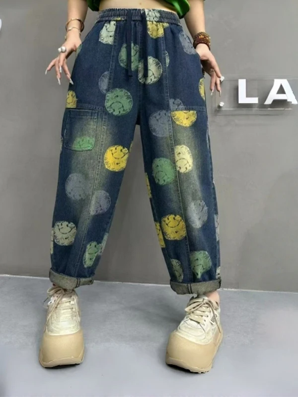 

Оригинальные джинсы-харланы с художественным ретро-принтом, весна 2026, новые, повседневные, универсальные, из комфортного хлопка со стрейчем, синие.