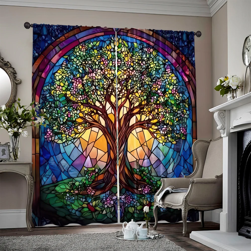 

2pcs, spring summer Curtains Stained Glass Tree of Life Yarn Curtains 100% Polyester Room Decor for Room, Kitchen, Study,