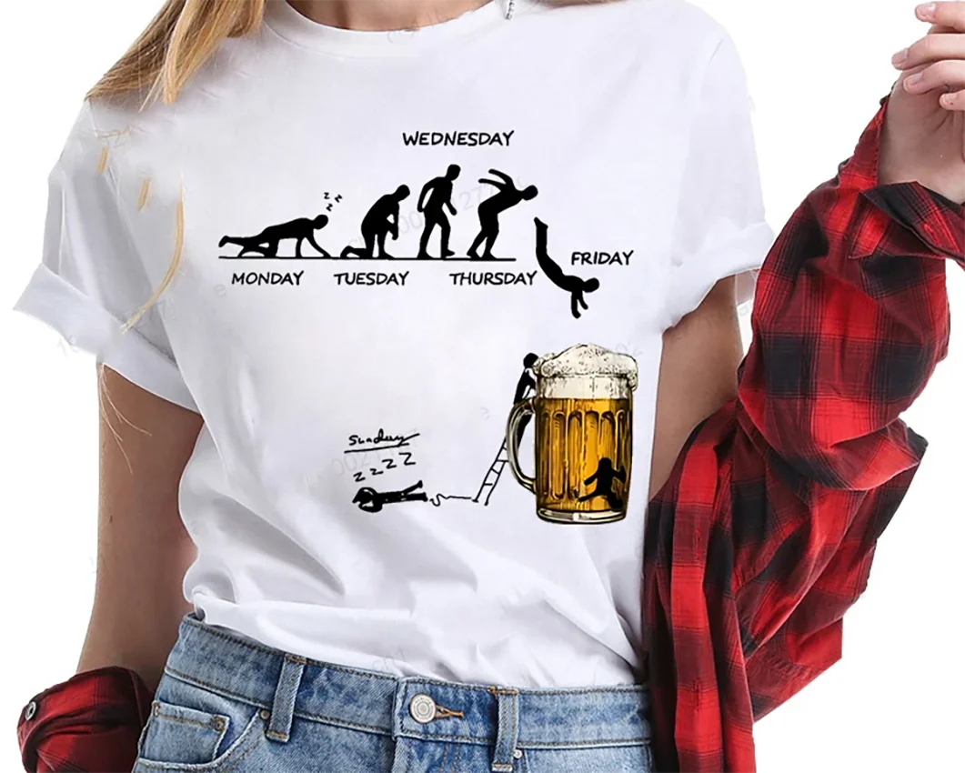 المرأة تي شيرت الاثنين إلى الجمعة شرب البيرة مضحك الرياضة موضة تي شيرت غير رسمي الهيكل العظمي الجمعة البيرة الجرافيك بلايز ملابس حريمي #4