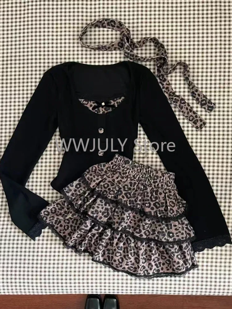 Autumn Women 2000s Aesthetic Korean Ballet Core Rave Gyaru Outfits 2 Piece Set Coquette Tops + Y2k Mini Leopard Ruffle Skirts