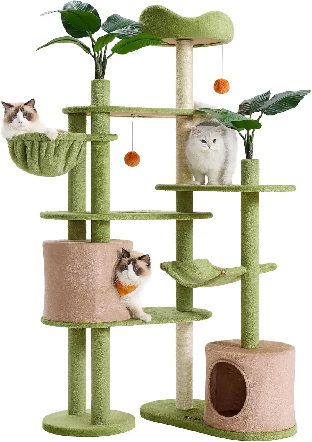 

Cat Tree, 68.1-Inch Tall Cat Tower, Multi-Level Plush Cat Condo with Artificial Leaves, 3 Scratching Posts, 2 Pompoms with