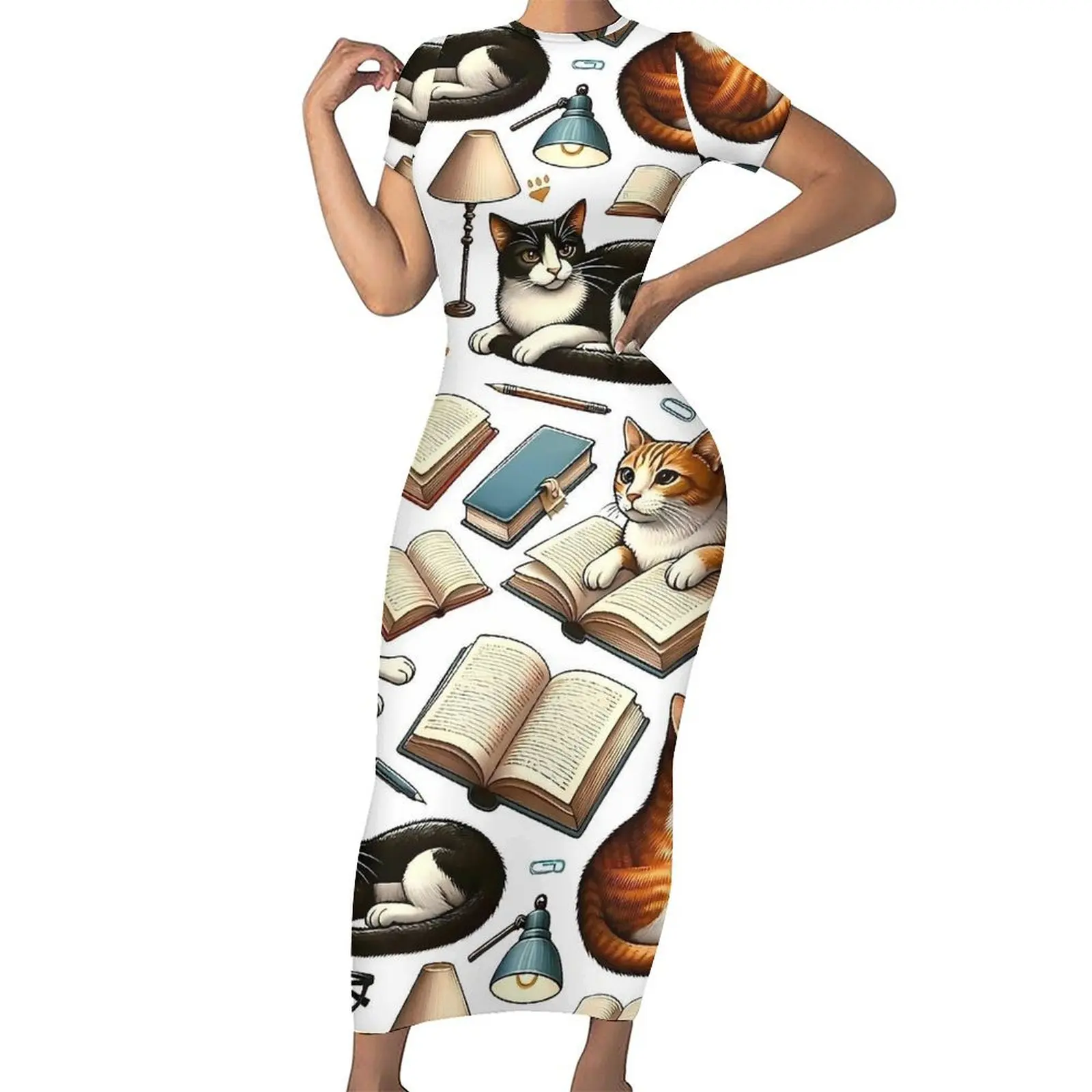 Library Cat Dress Short Sleeve Books and Cats Street Style Maxi Dresses Retro Bodycon Dress Ladies Graphic Oversized Vestidos