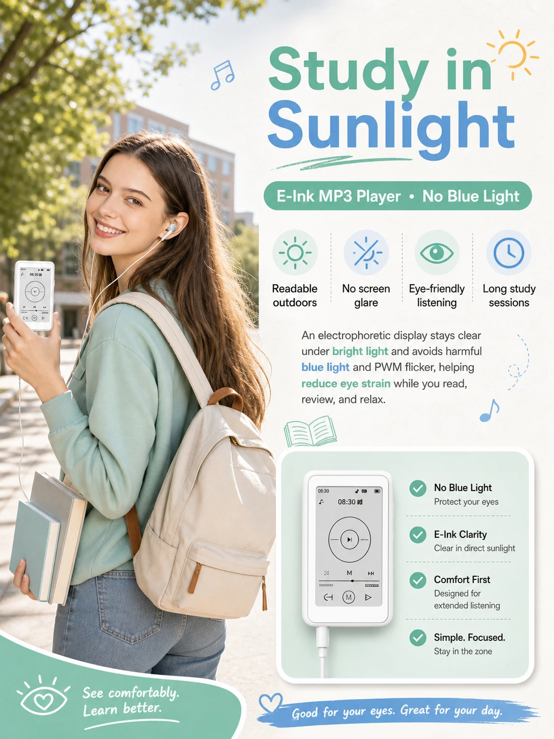 2026 Schüler E-Ink Bildschirm MP3-Player Ohne Blaulicht 64GB Verlustfreie FLAC/APE Eingebaute Hintergrundbeleuchtung | 75H Akku-Rekorder mit langer Laufzeit – Detail 3