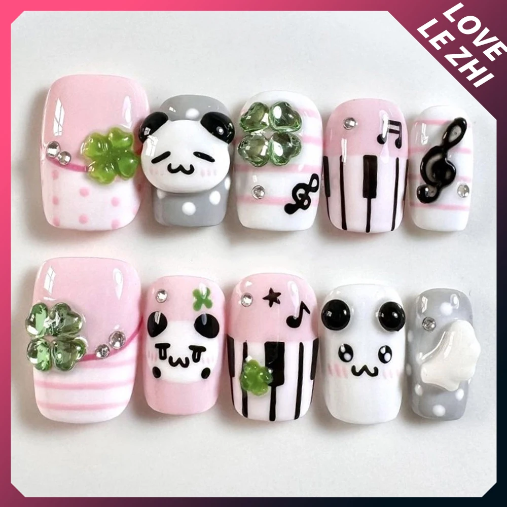 เล็บปลอมลายการ์ตูนอนิเมะริลัคคุมะ ทำมือ ทรงสั้น สี่เหลี่ยม อัลมอนด์ ลายหมีน่ารัก แมว ใบโคลเวอร์สี่แฉก วาดด้วยมือ