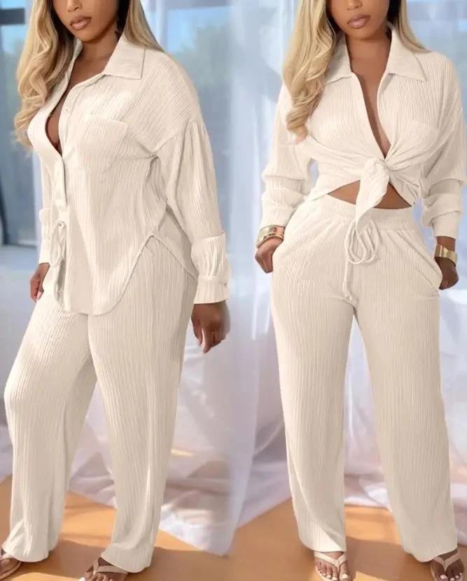 Women 2 Pieces Casual Textured Set Button Front Pocket Design Asymmetrical Top & Drawstring Elastic Waist Wide Leg Pants Sets
