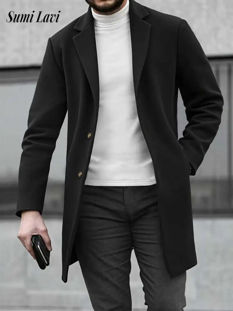 

Autumn Winter Daily Casual Mens Woolen Coats Vintage Button Turn-down Collar Mid Jacket Coat Fashion Men Solid Color Overcoats