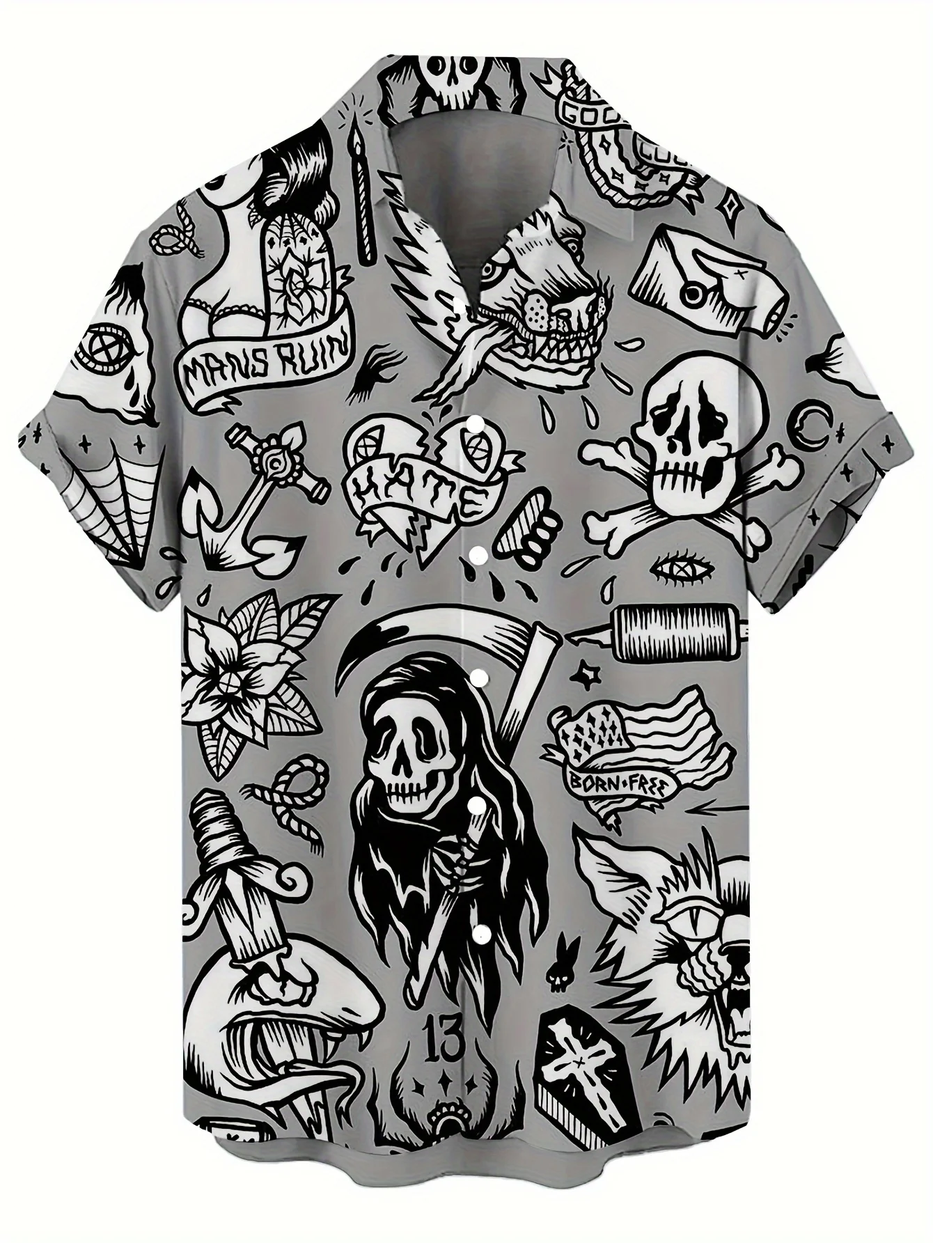 Grim Reaper Skull Head Pattern 3D Print Men'S Shirt Hawaiian Style Casual Vacation Trachten Shirt