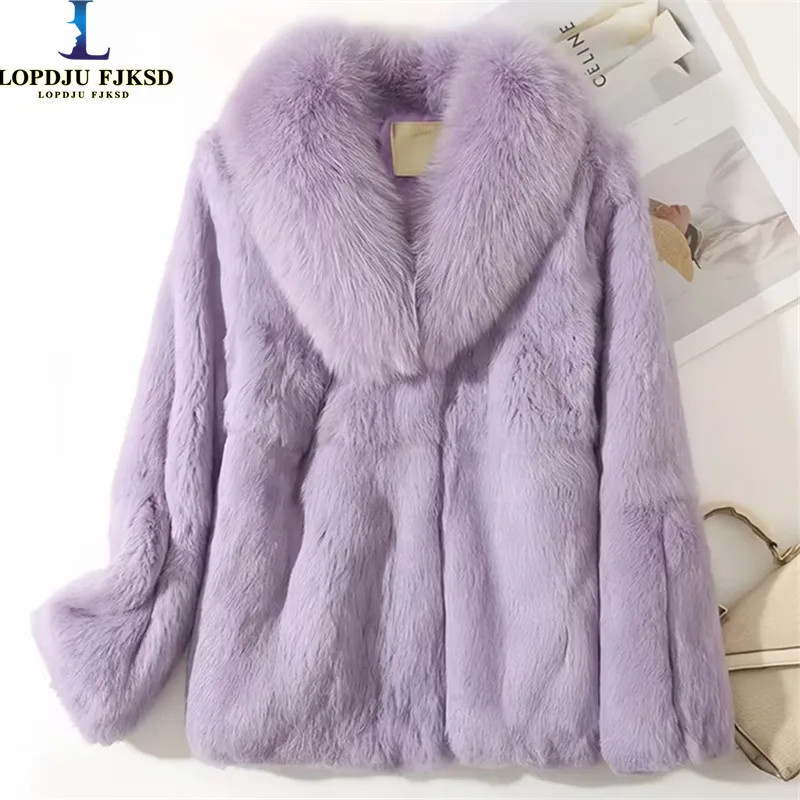 

Real Rex Rabbit Fur Coat for Women, Autumn Winter Short Jacket Thick Warm New Fox Fur Collar Elegant Female Warm Outerwear