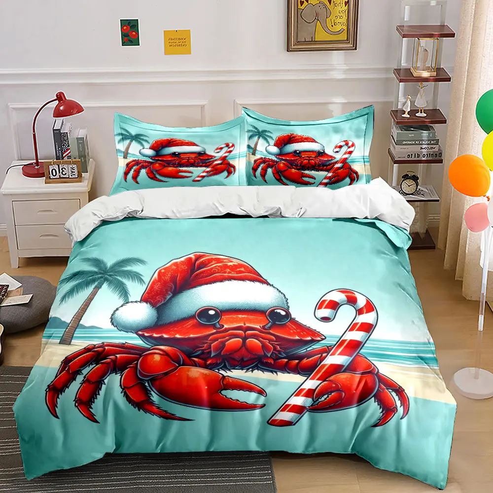 A crab in a Santa hat holding a candy cane on the beach Print Duvet Cover Bedding Set Included 1*Duvet Cover 2*Pillowcases