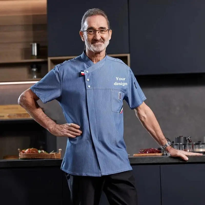 High End Denim Breathable Chef Workwear Short Sleeved Men's Kitchen Cooking Jacket Hotel Chef Uniform With Printed Patterns