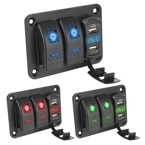 Panel de interruptor basculante de 12/24V para coche, barco marino, Panel de interruptor basculante LED, puerto USB Dual, disyuntor, voltímetro LED resistente al agua