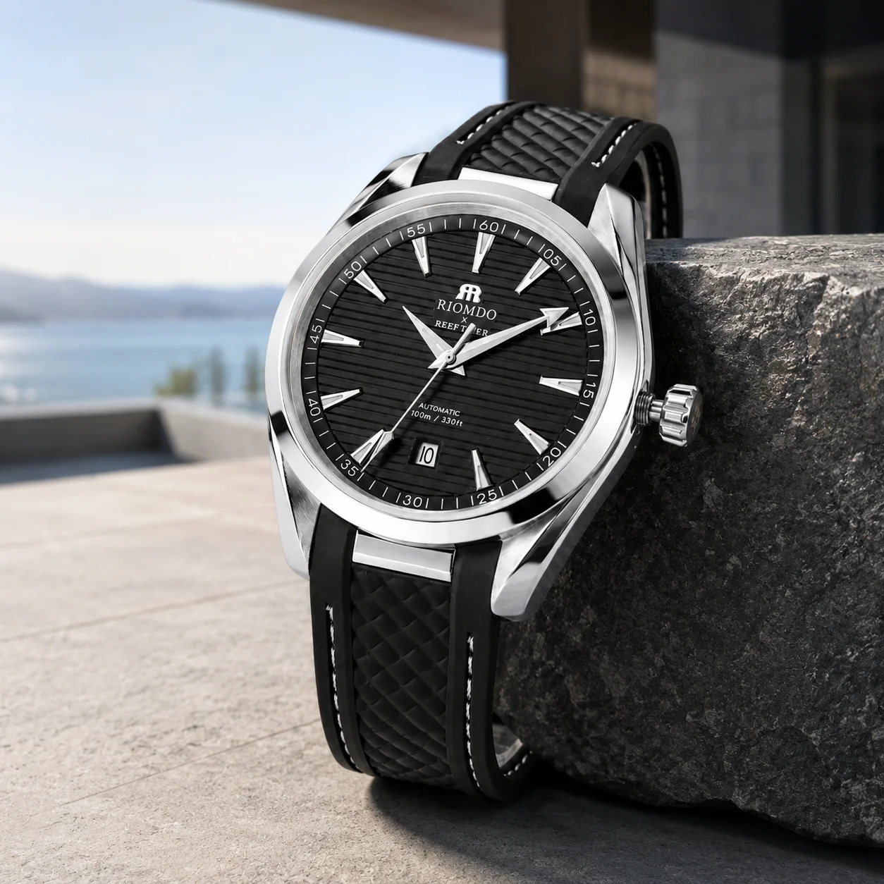RIOMDO RD-150 Men's Luxury Automatic Watch Textured Horizontal Dial Blue Luminous Waterproof Black Rubber Band Sport Watch