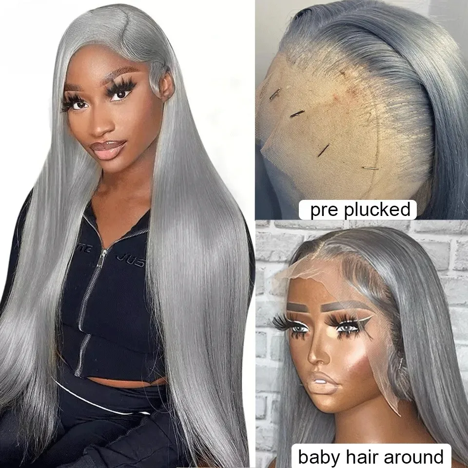 Perruques Lace Front Wig lisses de couleur gris argenté, sans colle, 13x4 HD, perruques Lace Frontal transparentes pour femmes, Cosplay pré-épilées
