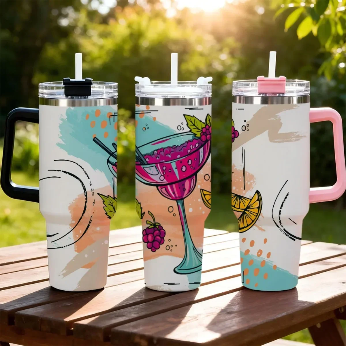 1pc 40oz Tumbler With Handle Lid Straw, Cocktail Fruit Drink Graffiti Print Stainless Steel Insulated Travel Mug, **Only Black & White Handle Available, Pink Handle Not Included**, Reusable Hot Cold Beverage Cup For Car Office Women Gift