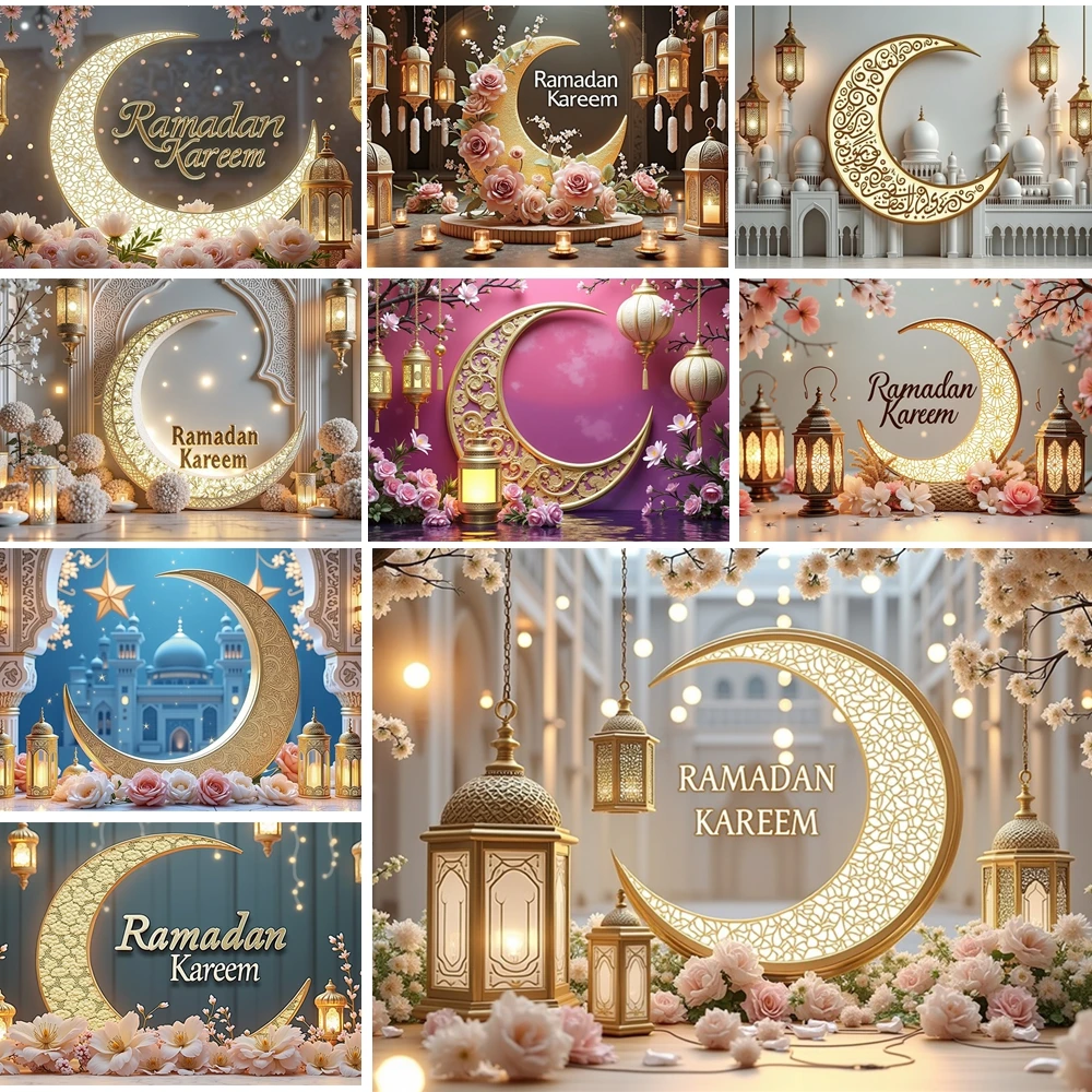

MOON.QG Eid Al-Fitr Ramadan Backdrops For Photography Mosque Hanging Lanterns Lights Photo Background Photoshoot Accessories