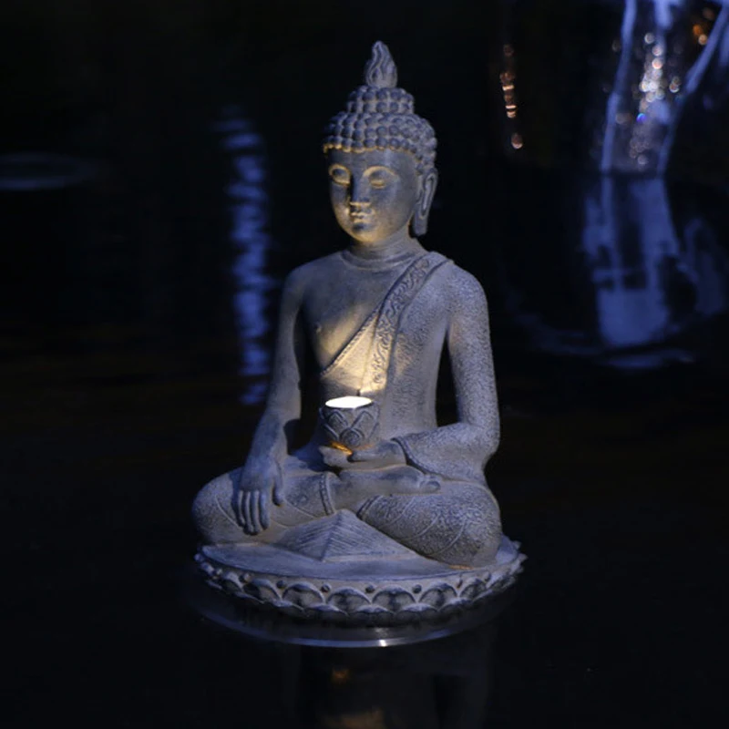 Chinese style Solar Powered Outdoor Courtyard Lights, Garden Landscape Lawn Lamp, Creative Resin Buddha Statues Decorations, 1Pc