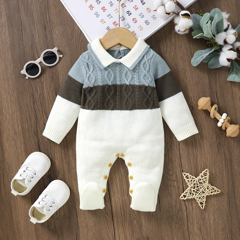 Newborn Baby Romper Knit Infant Boy Long Sleeve Jumpsuit Fashion Striped Toddler Kid Clothes 0-9M Children Overall Playsuit Warm