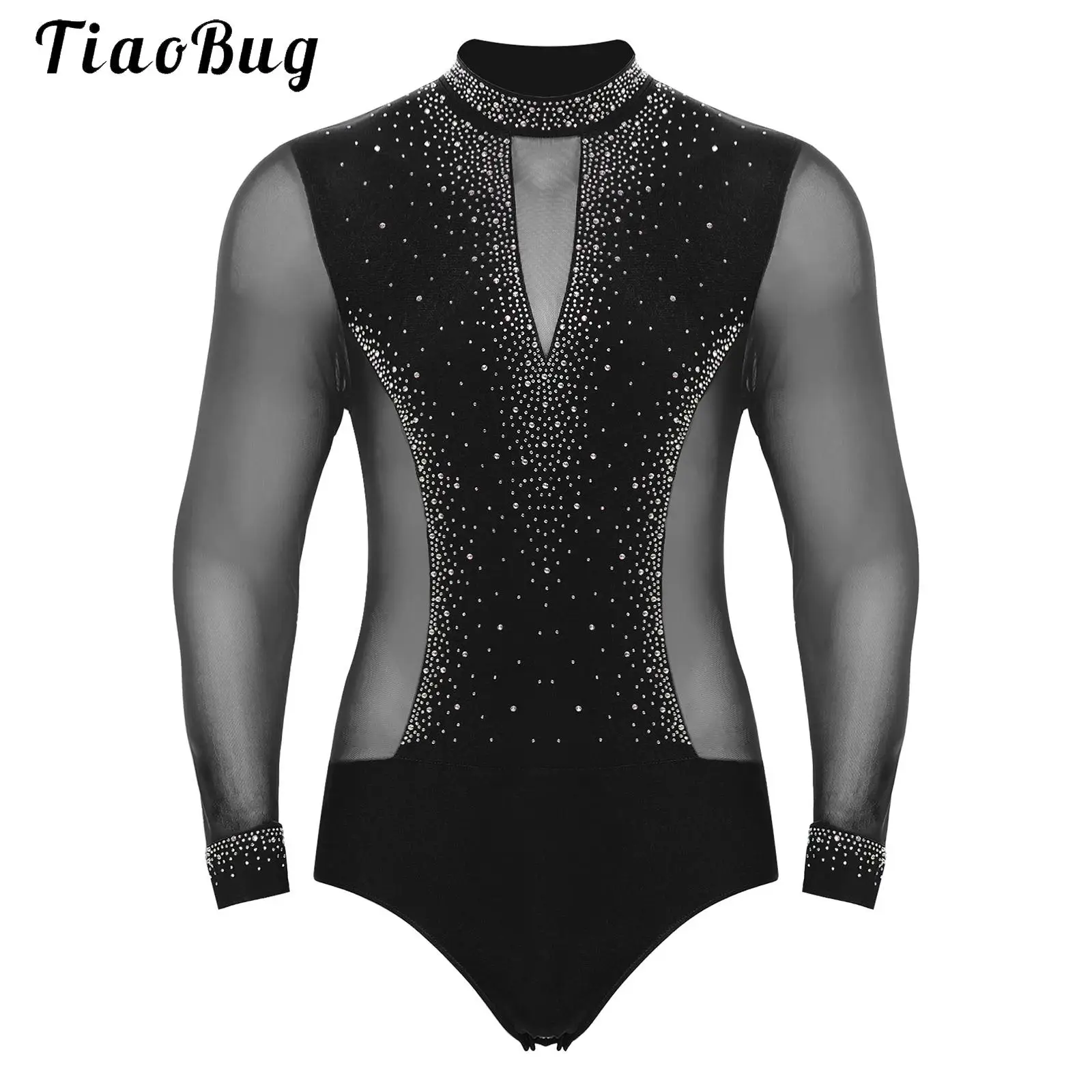 

Mens Gymnastics Leotard Jumpsuit Long Sleeve Rhinestone Bodysuit Dance Shirt for Latin Tango Chacha Acrobatics Figure Skating