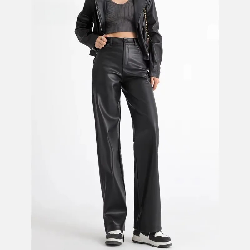 

New Trousers Fall Winter Fleece Loose Wide Leg Warm Leather Pants Women Button Pocket High Waist Thick PU Casual Straight Pants