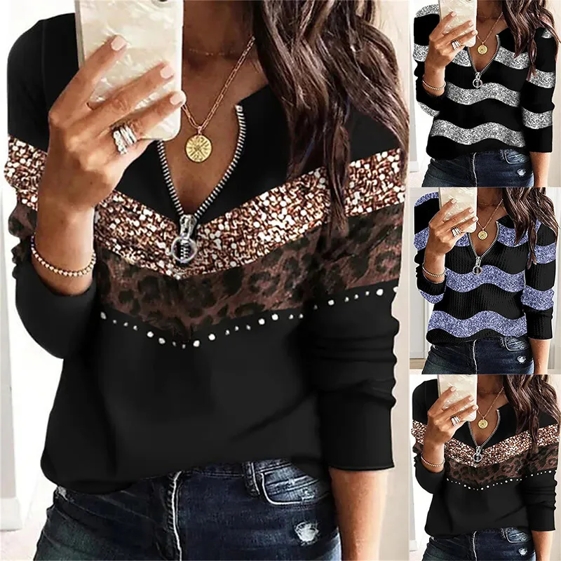 Hoodies women 2026 casual long-sleeved zipper sweaters stand-up collar geometric zipper prints sweatshirt women's clothing