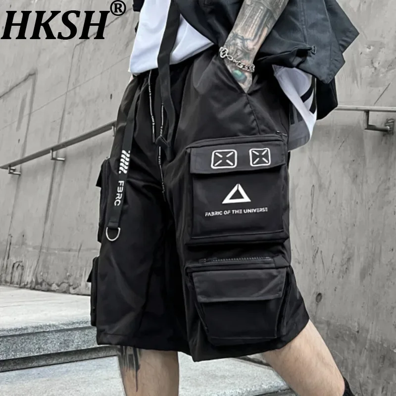

HKSH Spring Summer New Men Dark Tactical Letter Drawstring Cargo Pants Shorts Trend Techwear Chic Knee Length Tide Capris HK0048