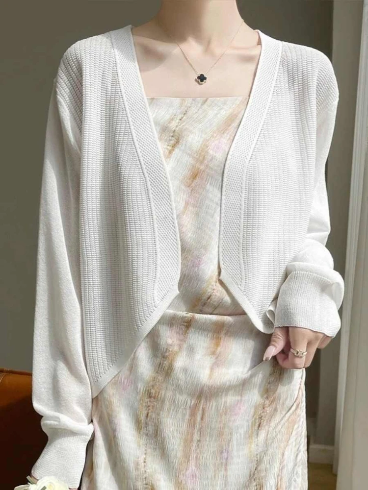 

Женский вязаный кардиган 2026: летний повседневный универсальный свитер-пальто, тонкая солнцезащитная накидка с длинным рукавом, укороченный топ-шаль