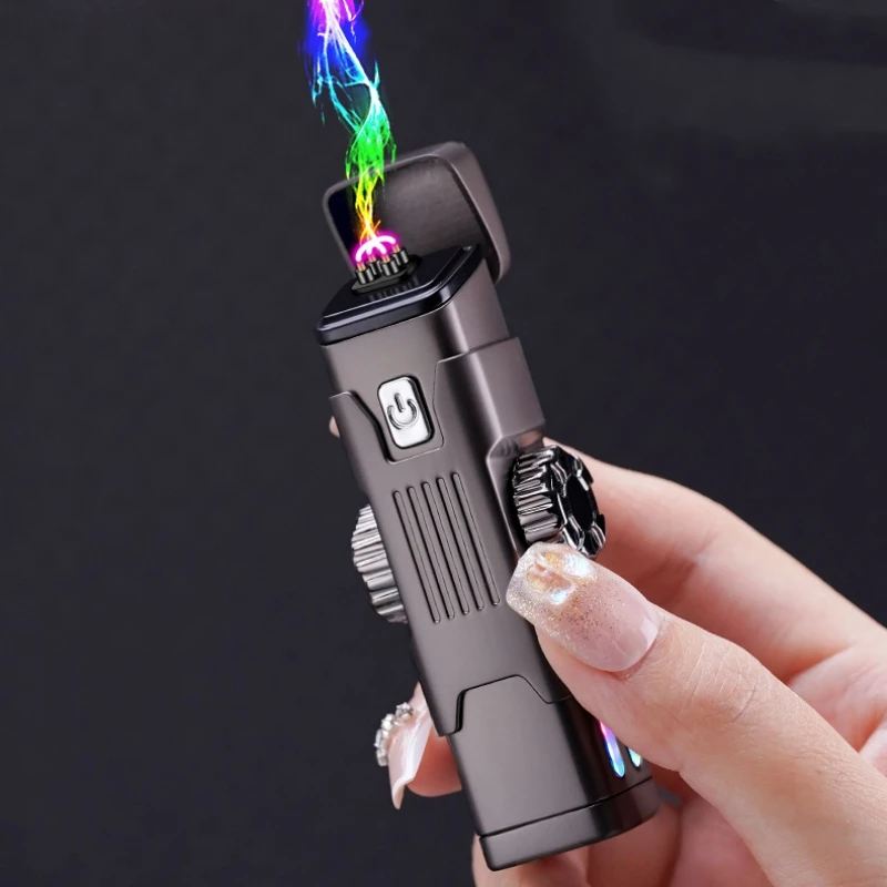 

New Creative Rotary Gyro USB Charging Lighter Metal Windproof Double Arc Pulse Plasma LED Colored Light Lighter Men's Gift