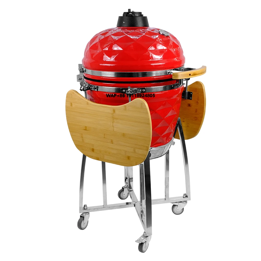SEB KAMADO/ 18 Inch Diamond Pattern Kamado Grill: Ceramic Charcoal Oven with Stainless Steel Stand,for Outdoor, Backyard&Camping