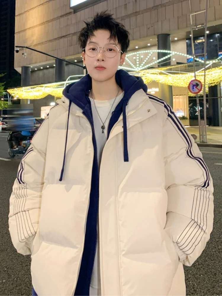 

Мужская зимняя новая теплая куртка из хлопка с имитацией двухслойности и полосатыми вставками, свободного кроя