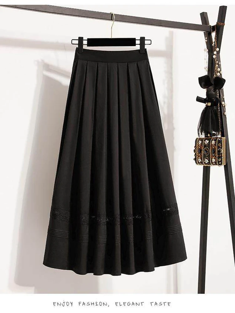 Lace patchwork small fragrant French style half skirt women fashion elegant commute solid color high waist A-line pleated skirt
