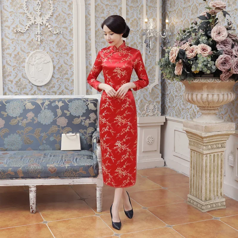 

New Women Long Cheongsam Slim Vintage 3/4 Sleeve Dress Plum Tang Suit Long Dresses Tang Suit