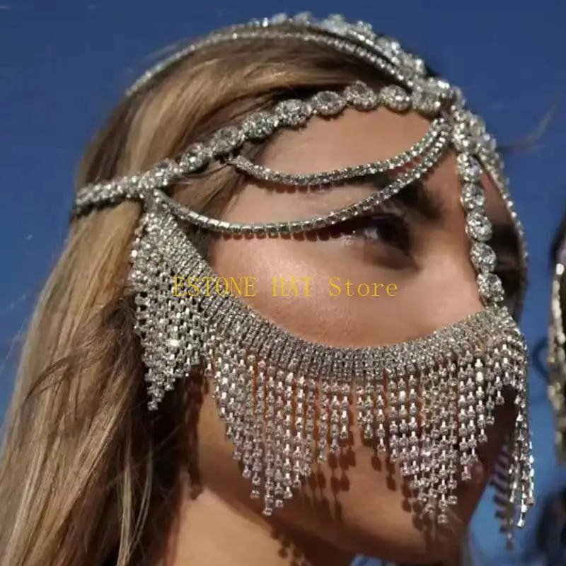 49MF Belly Dance for Rhinestone for Head Chain Crystal Tassel Pendant Mask Chain Novelty Hair Styling Tool for Masquerade Cos