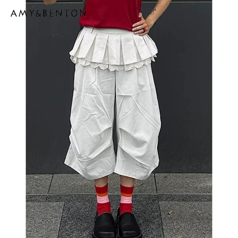 

Korean Retro White Fake Two-Piece Women's Casual Skirt Pants 2026 Spring New Street Hot Girl Straight Seven-Point Pants Ladies