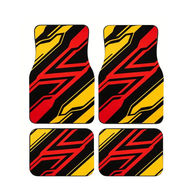 

Cyber Red Yellow Black Racing Stripes Car Floor Mats 4Pcs Universal Non Slip Auto Foot Carpets Sport Style