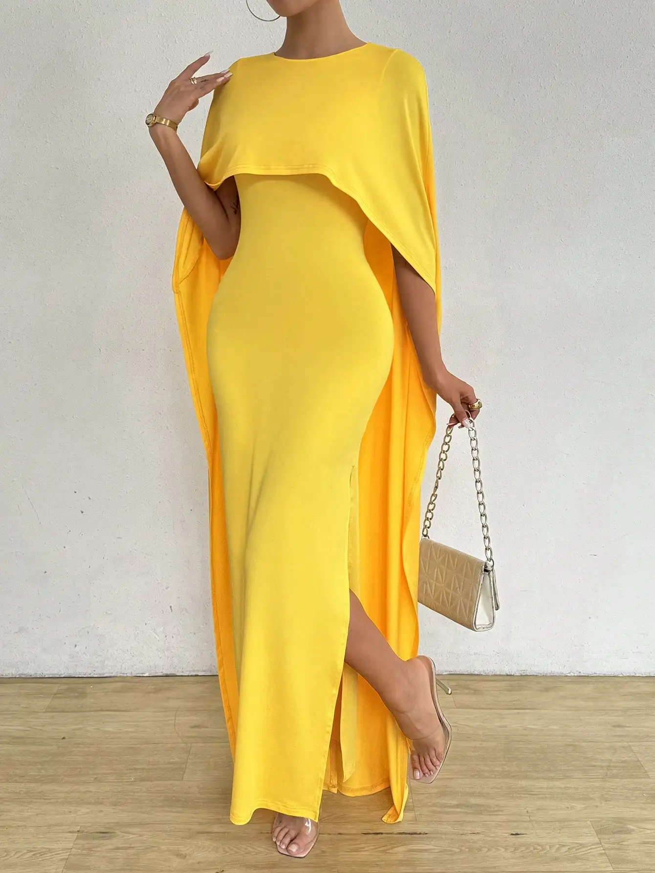 Robe longue jaune à col rond pour femme, faux deux, style 550, hanche, élégante, décontractée