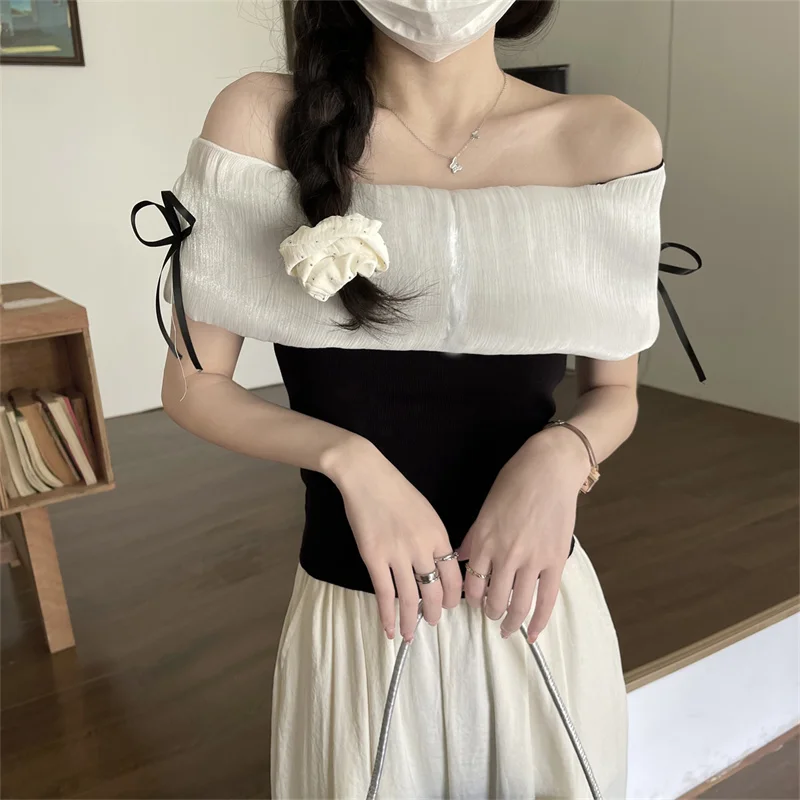 

Women Clothing Korean Fashion Sexy Off Shoulder T-shirt Summer Short Sleeve Tops Chic Vintage Pullovers