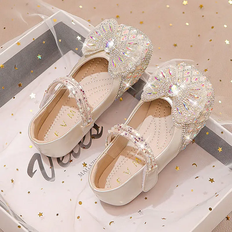 

Girls Shoes Bling Single Shoes for Stage Performance Mary Janes Bow Crystal Glitter Wedding Flats Dance Party Leather Shoes New