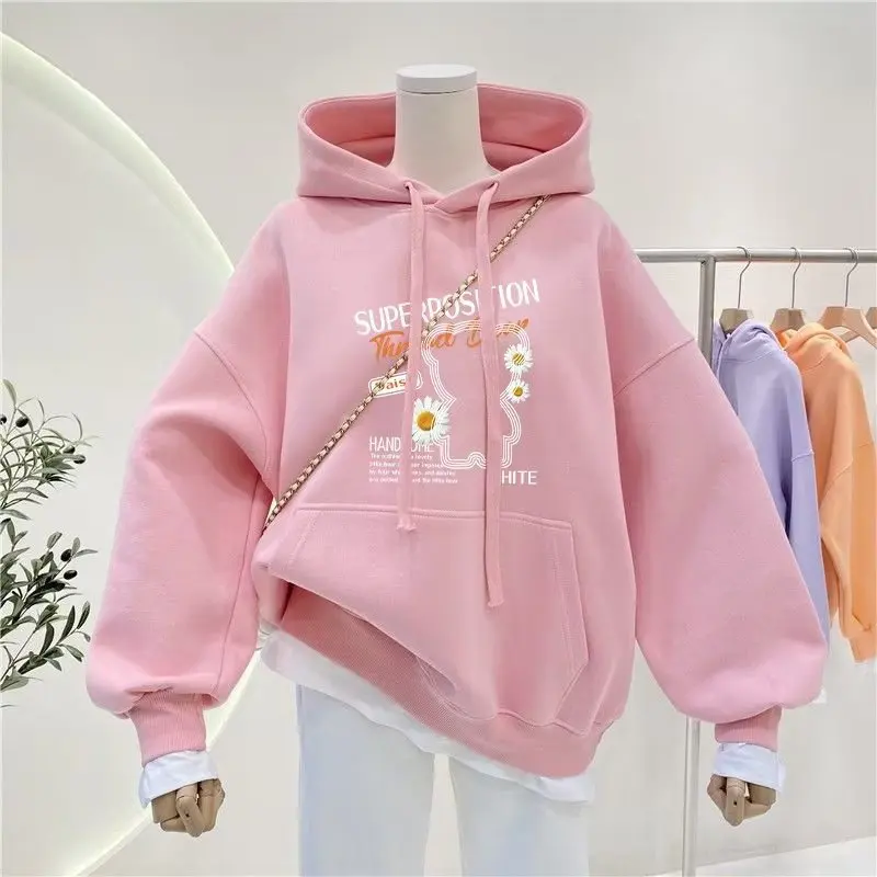 2024 Autumn winter Girls clothes Hooded bear Sweatshirt Daisy loose t-shirt Dresses teenager Kid Princess 5 7 8 9 10 11 12 year