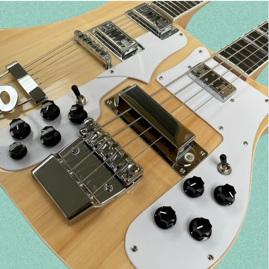Natural Wood 12+4 Double-Head Electric Bass Guitar,White Split Pickguard,Separate Volume Knob Guitars,Stage Performance Guitarra