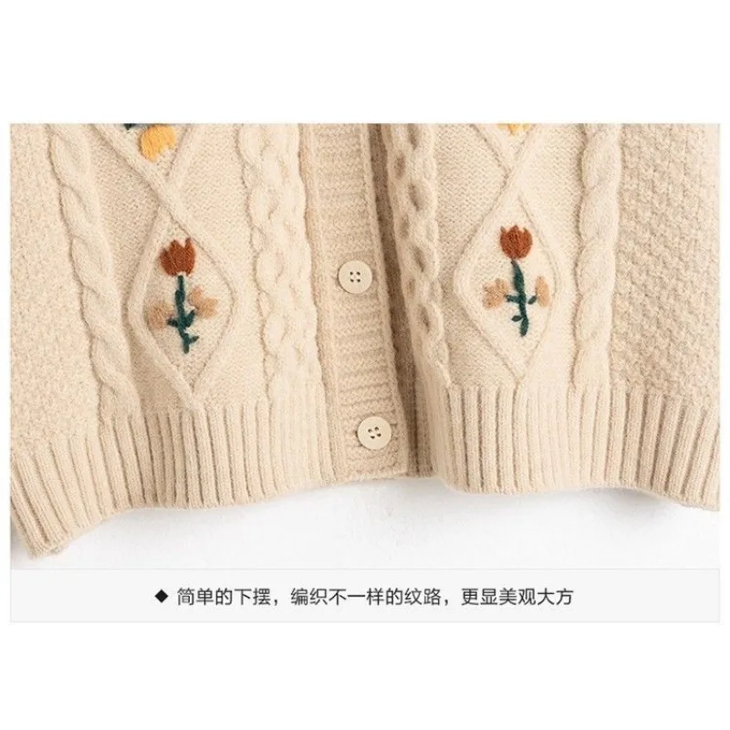 Chaqueta de suéter bordada para mujer, cárdigan corto de punto suelto, cuello redondo, hilo Floral, Top de manga larga