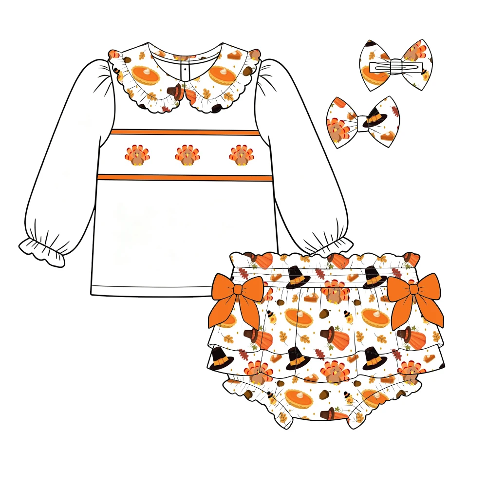 New Thanksgiving Day Boutique Kids Sets Lapel Ruffle Long Sleeve Top and Elastic-waist Shorts Bow Decoration Pumpkin Print