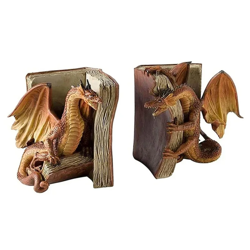 

2pcs Resin Dragon Sculpture Bookend Art Crafts Desktop Book Stopper Accessories for Study Room Home Office Ornament Cute Gift