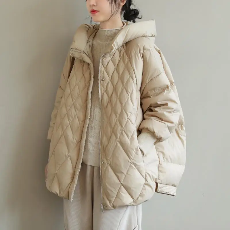 

White Du down Puffer Jaet Women's Hooded Loose Long Diamond Pattern Artistic Oversized Coat Commute Sle Thin Fabric