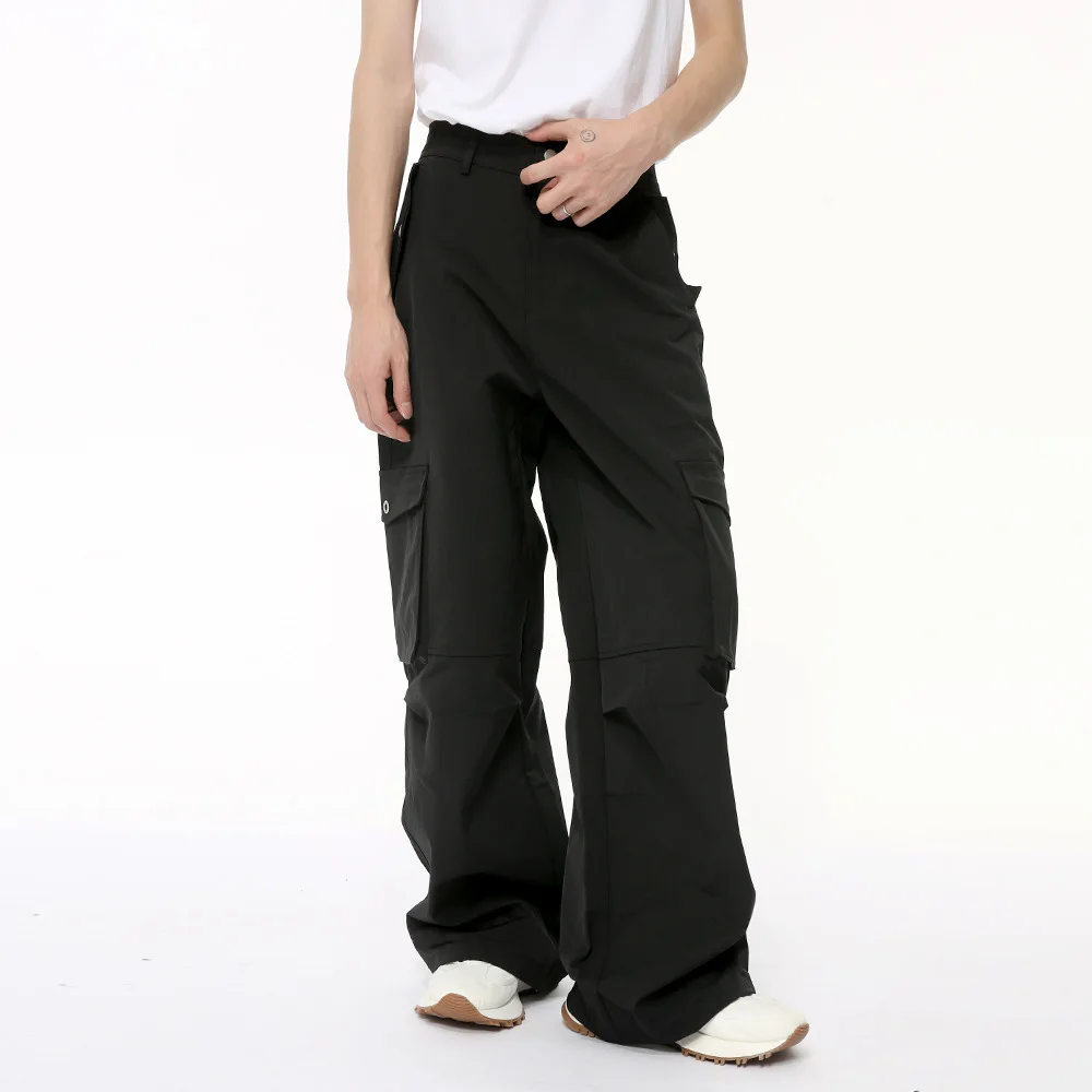 High Street Mne's Casual Pants Big Pockets Solid Color Cargo Trousers Straight Wide Leg Bottom New Stylish 2024 Summer