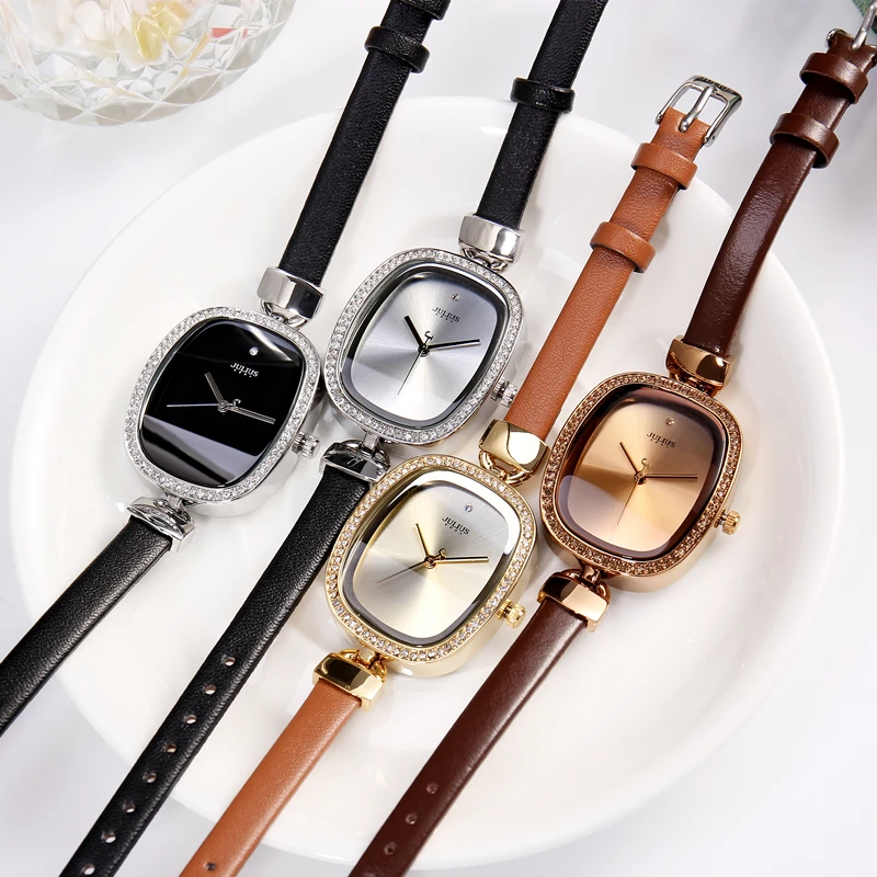 The Rectangle Minimalist Women Ultra Thin Big Dial Rhinestones Watches Leather Band Antique Quartz Watch Relogio Feminina